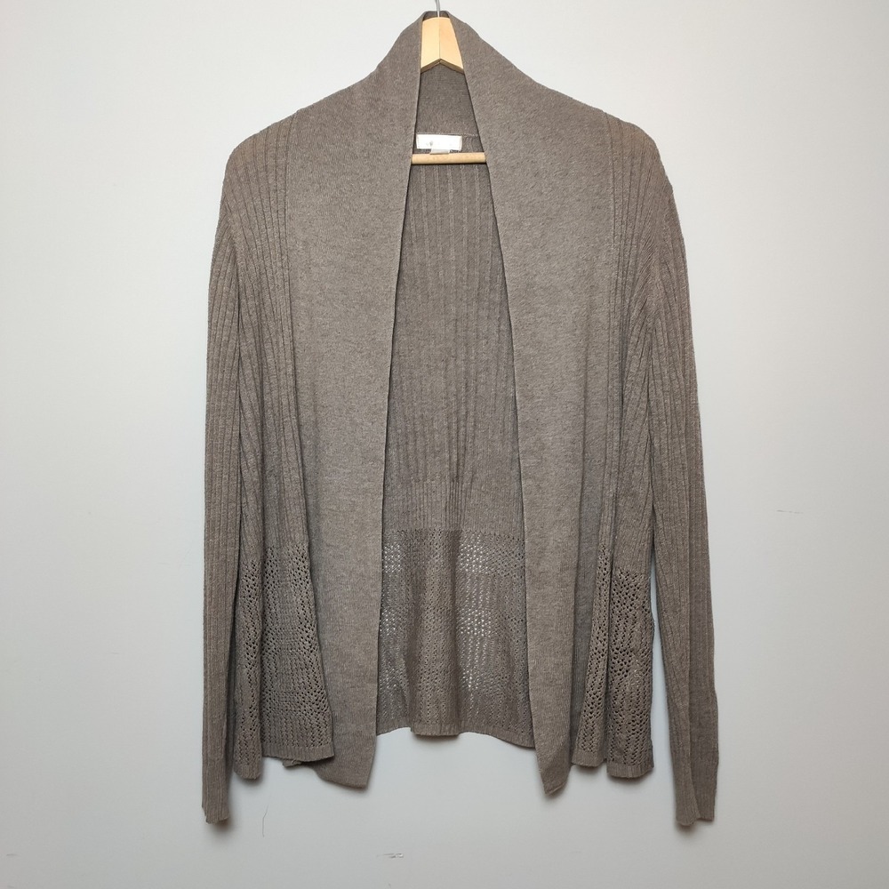 Tradition Ribbed Pointelle Open Front Cardigan Taupe Brown Petite Small S/P